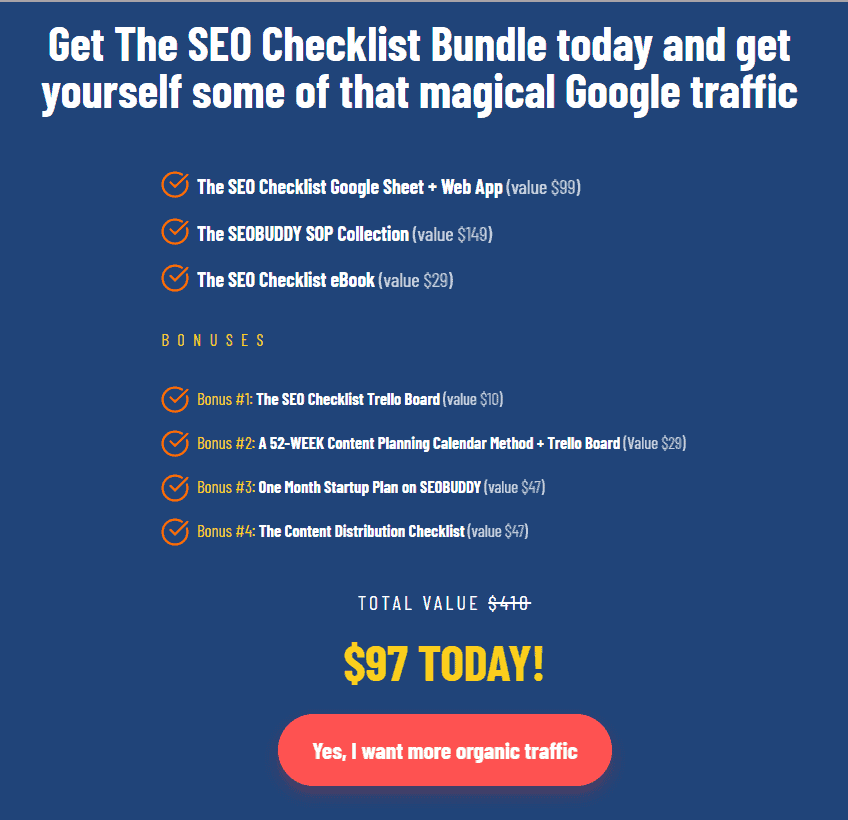 Pricing of SEO checklist by SEO buddy