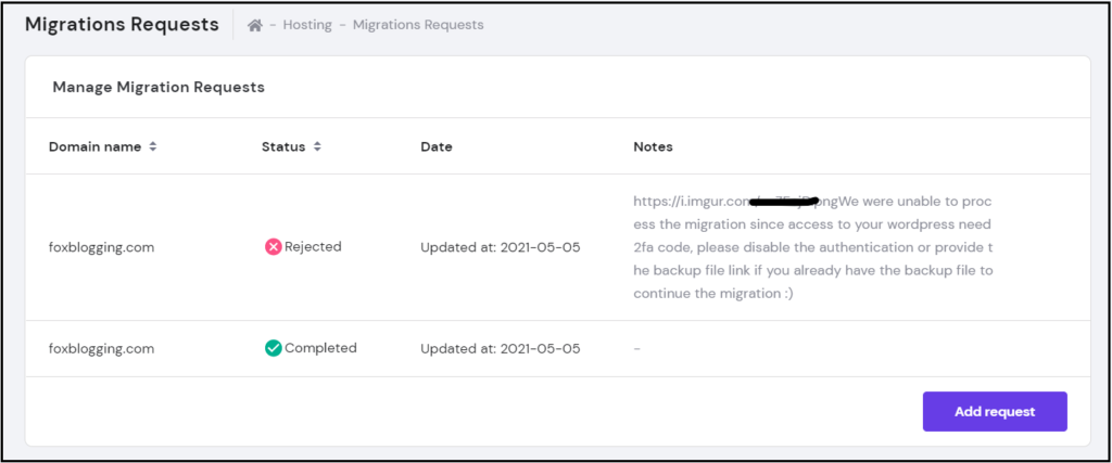 Reason for migration failure on Hostinger