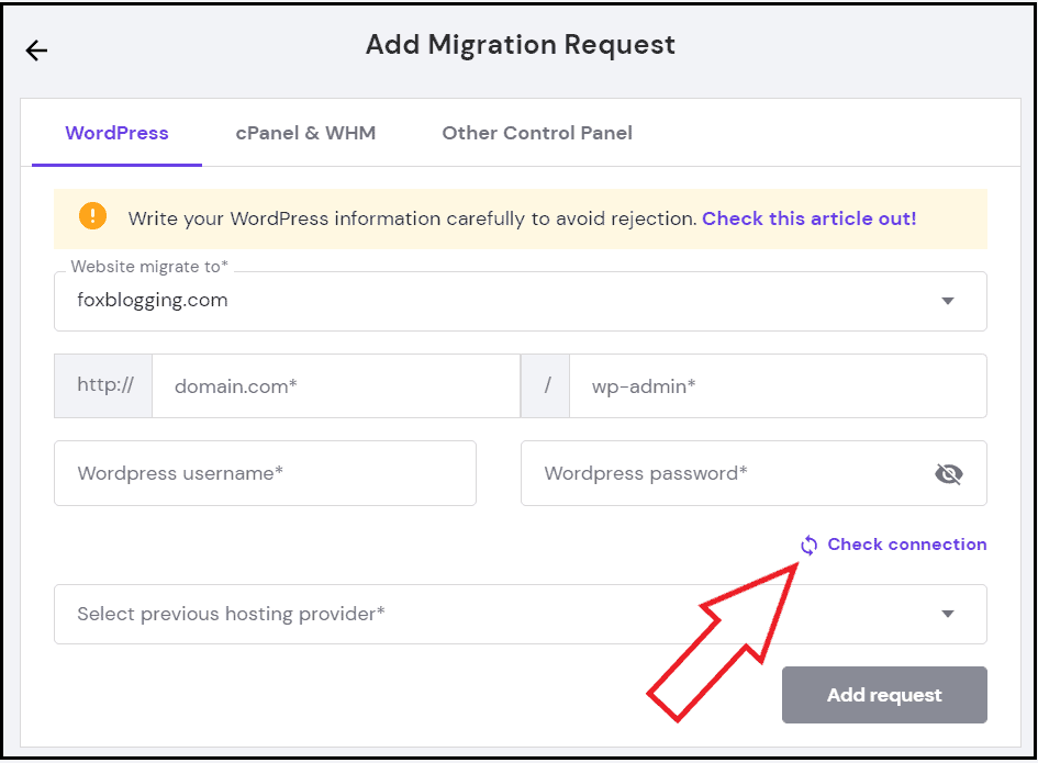 Enter Details on Website migration request