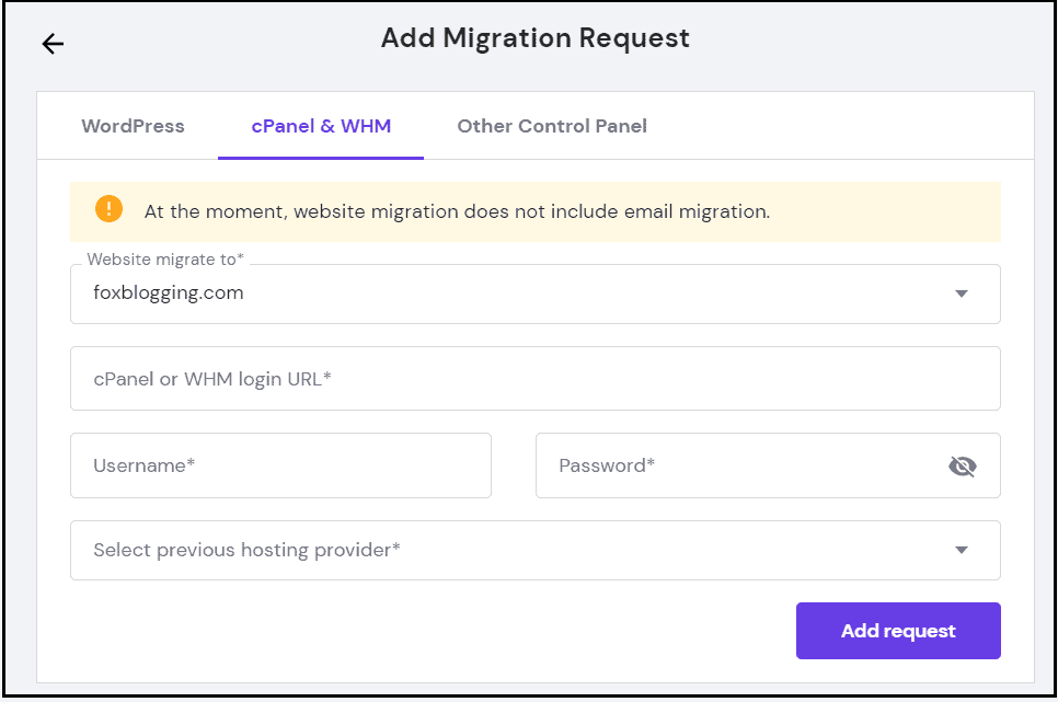 cPanel website migration request on Hostinger